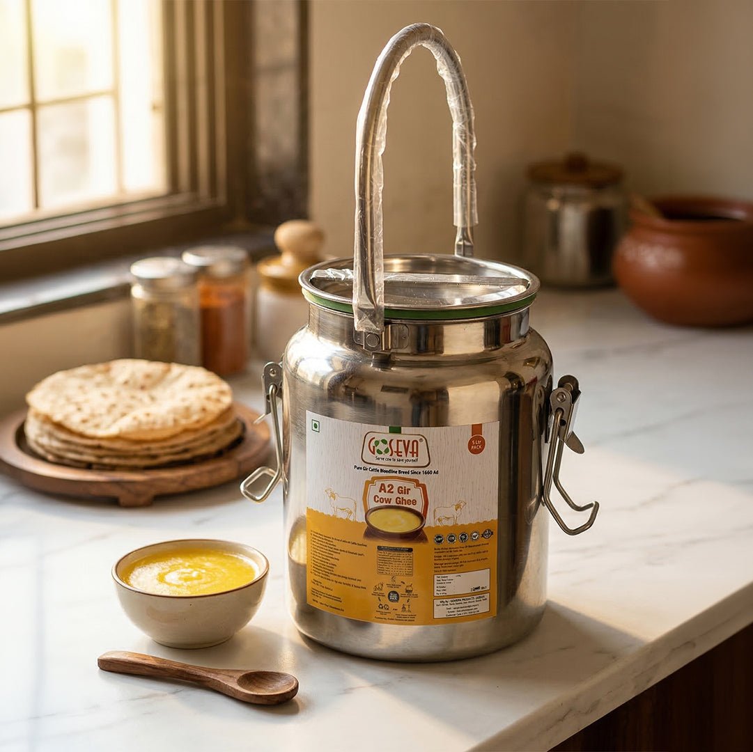 Goseva Gir cow ghee 5 litre steel dolchi on a kitchen counter